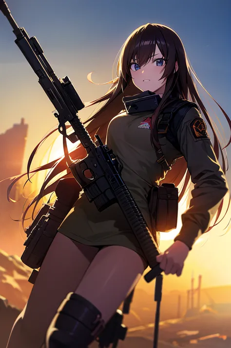 in the spotlight, holding_gun, assault_rifle, very detailed, brown hair, long hair, anime style, whole body, alone, stylish gunf...