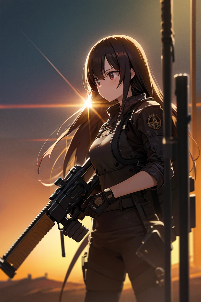 In the spotlight, holding_gun, assault_rifle, Very detailed, Brown Hair, Long Hair, Anime Style, whole body, alone, Stylish Gunfighter Girl, Holding a steampunk long barrel pistol,Standing in the wasteland, 8K high resolution, White Background, The background is a dark and desolate landscape, Horror movie atmosphere. Her figure is very beautiful, Emphasizing the dark and crazy elements. Skillfully expressing the effects of light and shadow, Anime girls with guns and rifles, from Girls&#39; Frontline, mechanized soldier girl, Girls&#39; Frontline style