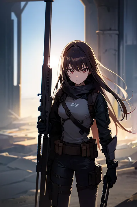 in the spotlight, holding_gun, assault_rifle, very detailed, brown hair, long hair, anime style, whole body, alone, stylish gunf...