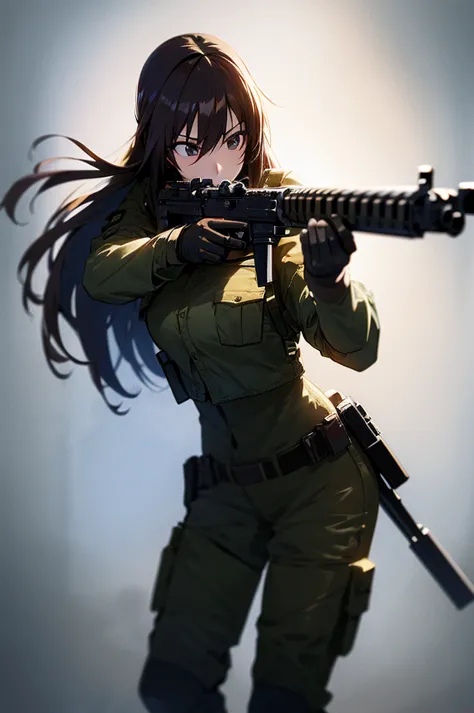 in the spotlight, holding_gun, assault_rifle, very detailed, brown hair, long hair, anime style, whole body, alone, stylish gunf...