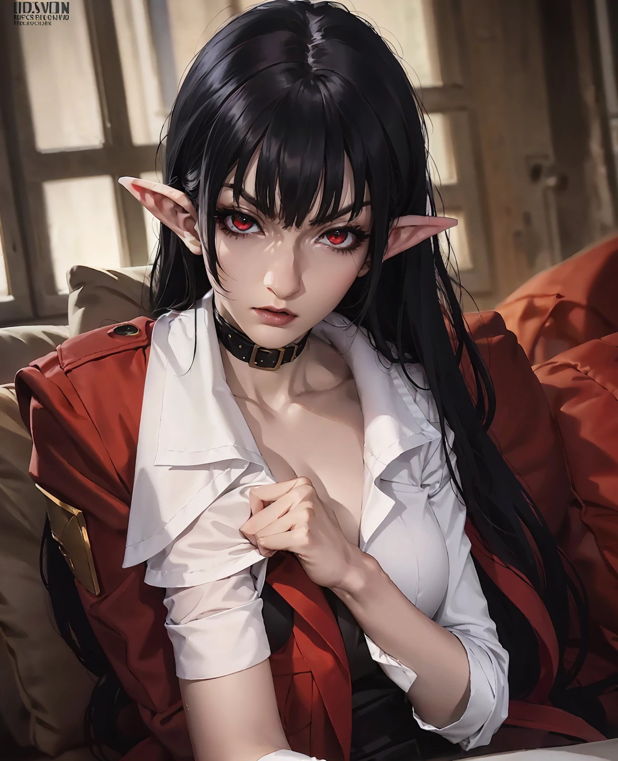 a devilish woman with black hair,pale skin,red eyes,elf-like costume,dark mysterious setting,best quality,4k,8k,highres,masterpiece:1.2,ultra-detailed,realistic,photorealistic,photo-realistic:1.37,HDR,UHD,studio lighting,ultra-fine painting,sharp focus,physically-based rendering,extreme detail description,professional,vivid colors,bokeh,horror,dark,moody lighting,dramatic