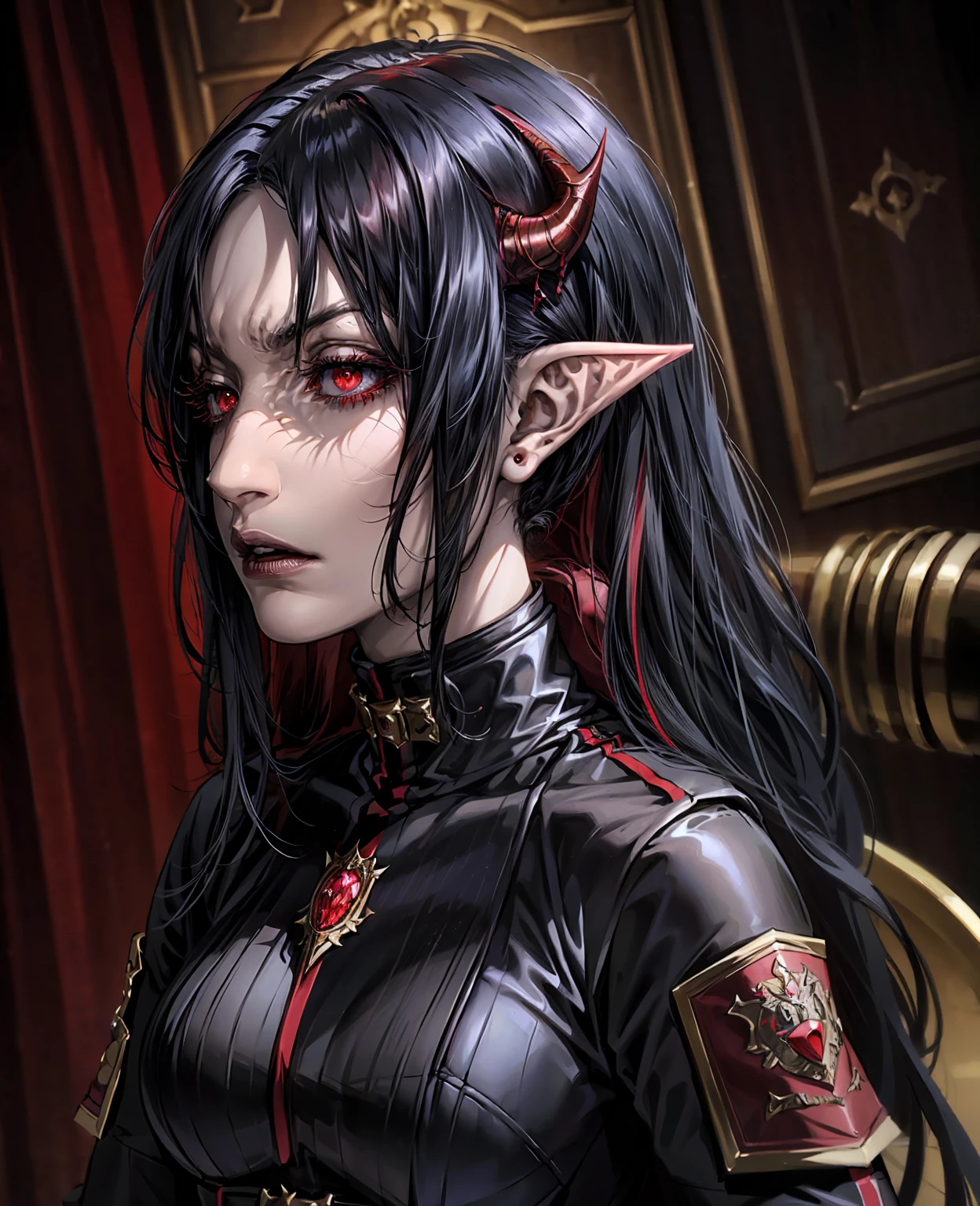 detailed portrait of a devilish woman, pale skin, black hair, intense red eyes, elf-like costume, dark mysterious setting, masterpiece, photorealistic, cinematic lighting, dramatic composition, highly detailed face and features, intricate costume design, atmospheric background, moody colors, dramatic lighting