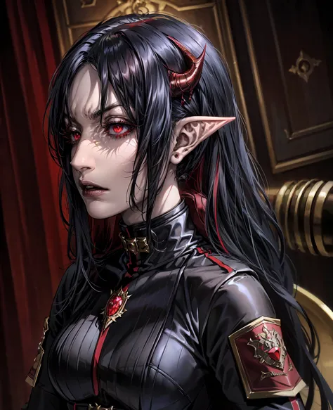 detailed portrait of a devilish woman, pale skin, black hair, intense red eyes, elf-like costume, dark mysterious setting, maste...