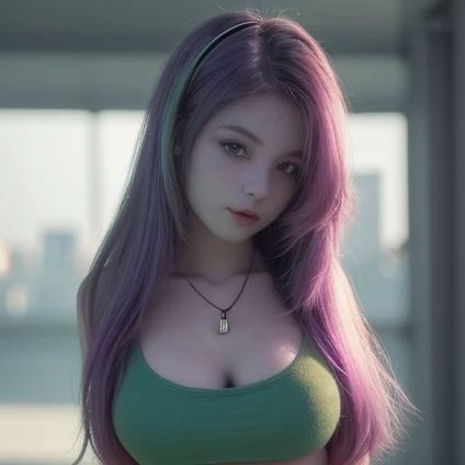 1 girl, Best quality, masterpiece, a high resolution, [violet|sliver|green] _hair, Black miniskirt, hair accessory, NECKLACE, Jewelry, Beautiful face, look forward to, full body view, realistic, Open, Modern Square, two-color lighting, (highly detailed skin: 1.2), 8 K UHD, SLR camera, soft light, high quality, volumetric light, frank, Photo, a high resolution, 4K, 8 K, background blur