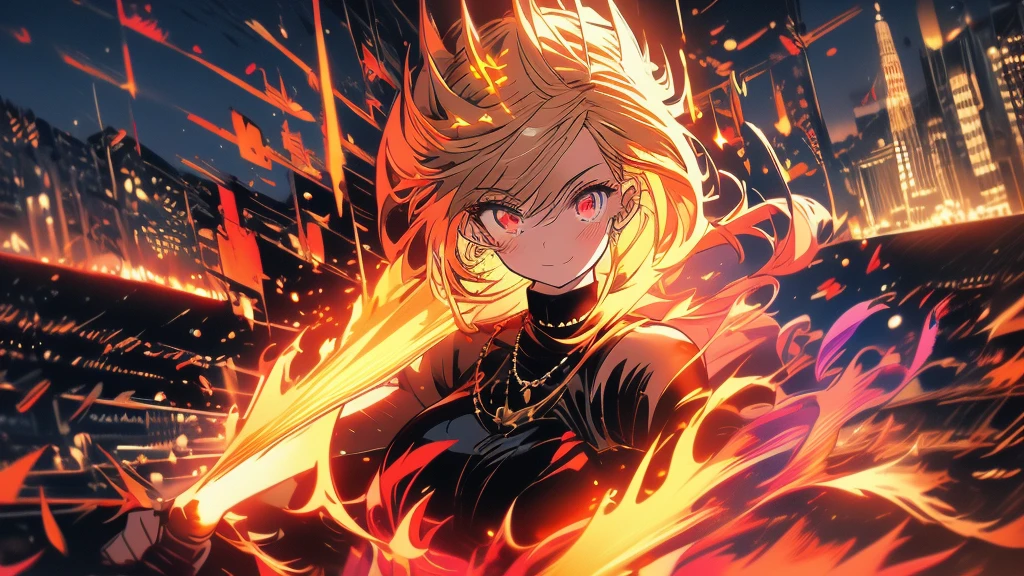 Landscape, 16:9, hd, high quality, high res, perfect quality, 1anime girl, anime girl style, floating, has a red eyes and blonde long hair with bangs, wearing sleeveless turtleneck woman suit with black long glove, wearing a black tight skirt with a black tight shock and black heels, wearing a golden valkyrie helmet