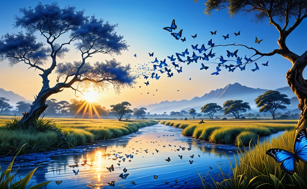 Beautiful hyper-realistic and super detailed masterpiece, which shows a mysterious river, several butterflies flying in blue color, like a tree on the right like the branches over the view, grass field on the left, with the sunset sun, negative human construction human image