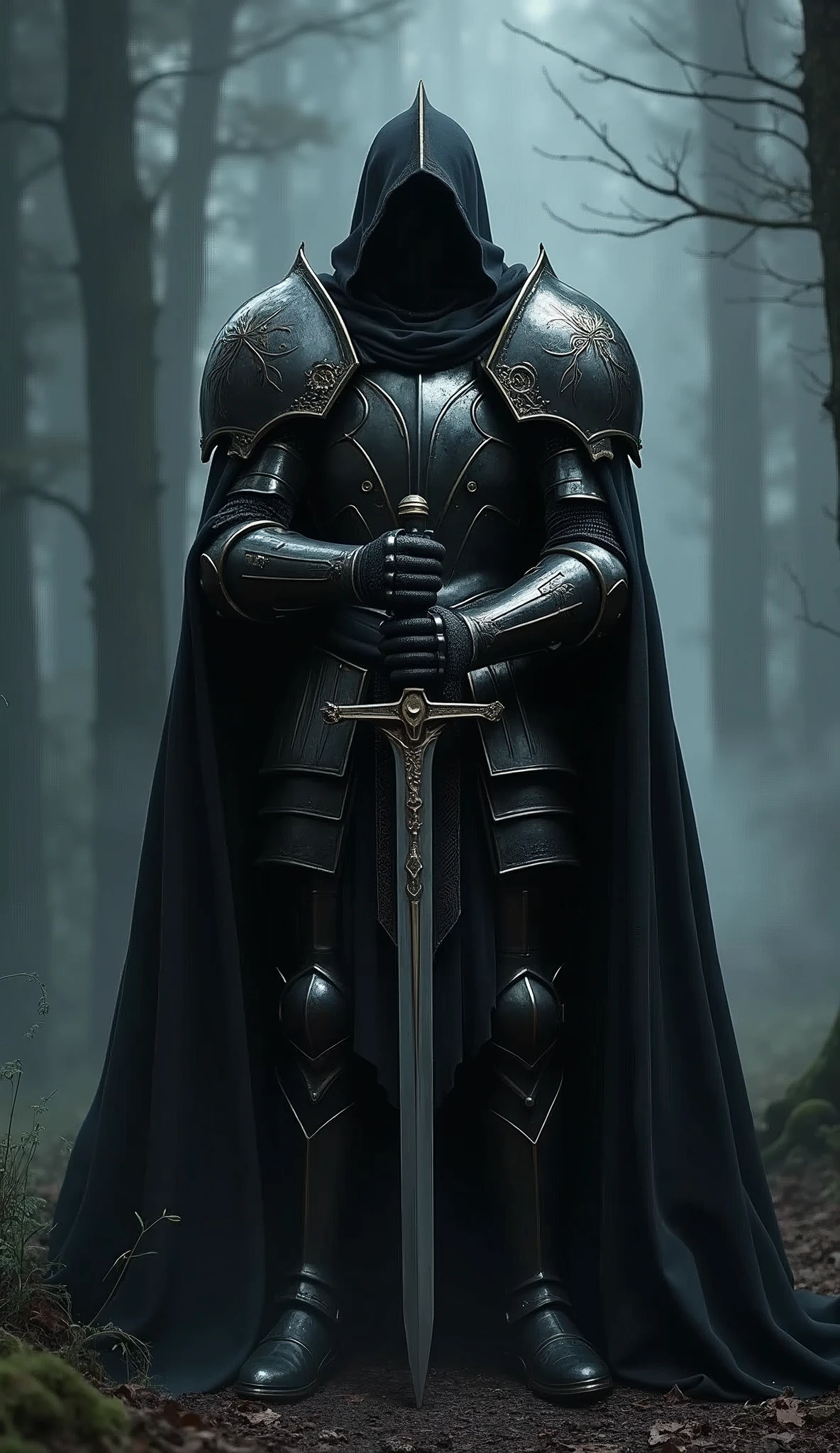 Black Knight,Knight in black armor,Stab the two-handed sword into the ground,Hold the hilt of the sword with both hands,Black Cape,Otherworldly Armor,Gold color line,Night Forest,fog,Cloak fluttering in the wind,(Wear a black robe over your armor)