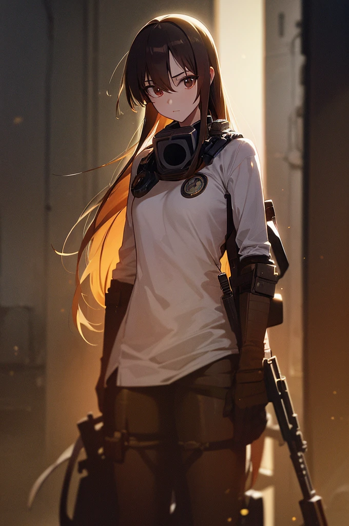 In the spotlight, holding_gun, assault_rifle, Very detailed, Brown Hair, Long Hair, Anime Style, whole body, alone, Stylish Gunfighter Girl, Holding a steampunk long barrel pistol,Standing in the wasteland, 8K high resolution, White Background, The background is a dark and desolate landscape, Horror movie atmosphere. Her figure is very beautiful, Emphasizing the dark and crazy elements. Skillfully expressing the effects of light and shadow, Anime girls with guns and rifles, from Girls&#39; Frontline, mechanized soldier girl, Girls&#39; Frontline style