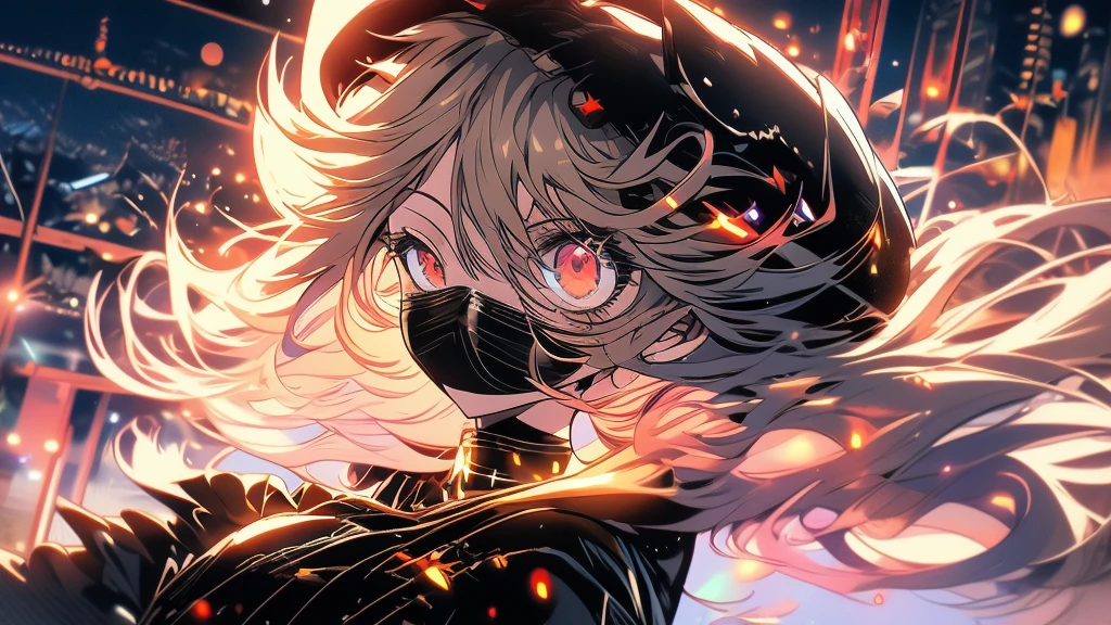 Landscape, 16:9, hd, high quality, high res, perfect quality, 1anime girl, anime girl style, floating, has a red eyes and blonde long hair with bangs, wearing sleeveless turtleneck woman suit with black long glove, wearing a black tight skirt with a black tight shock and black heels, wearing a golden valkyrie helmet