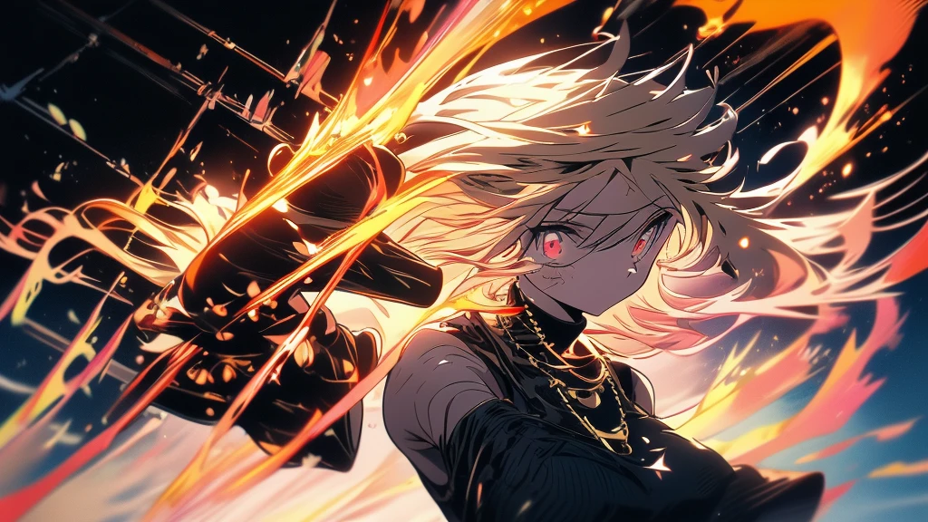 Landscape, 16:9, hd, high quality, high res, perfect quality, 1anime girl, anime girl style, floating, has a red eyes and blonde long hair with bangs, wearing sleeveless turtleneck woman suit with black long glove, wearing a black tight skirt with a black tight shock and black heels, wearing a golden valkyrie helmet