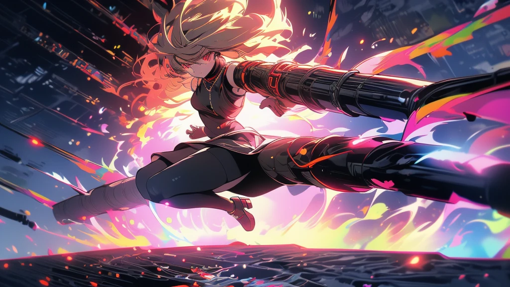 Landscape, 16:9, hd, high quality, high res, perfect quality, 1anime girl, anime girl style, floating, has a red eyes and blonde long hair with bangs, wearing sleeveless turtleneck woman suit with black long fingerless glove, wearing a black tight skirt with a black tight shock and black heels