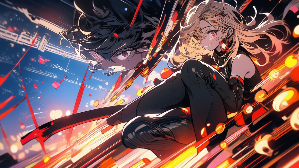 Landscape, 16:9, hd, high quality, high res, perfect quality, 1anime girl, anime girl style, floating, has a red eyes and blonde long hair with bangs, wearing sleeveless turtleneck woman suit with black long fingerless glove, wearing a black tight skirt with a black tight shock and black heels