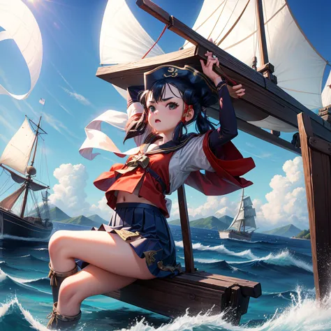 one girl（８age）, pirate, highest quality、cinema lighting、sailor suit、long skirt、 sailboat（galleon）on the mast、white panties,