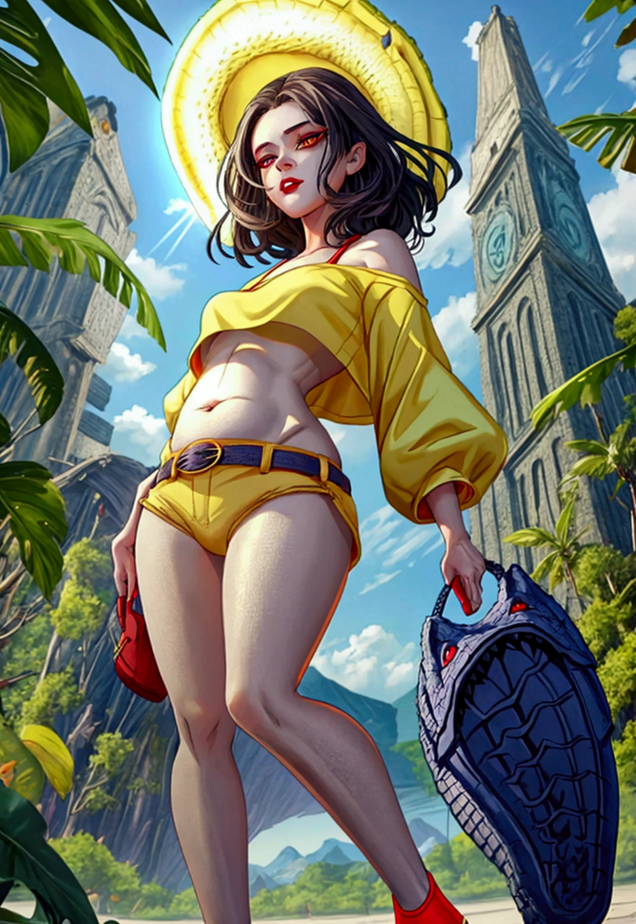 A beautiful brunette girl in her 20's, Her facial features are detailed with small lips and a cute facial expression, courageous look, red eyes no ((wearing black Crocs on her feet,)) Crocs' sole is visible, ((stepping on the viewer)) Her top is a yellow crop-top, revealing her large bulging belly,  The girl is tall, ultra low angle, Mountain and tropic rainforest in the background, ultra-detailed, anime.
 ((The low angle shot emphasizes her height and the drama of the scene)) ((She’s dressed casually but stylishly, with her yellow crop-top making her stand out against the natural setting)), (( The details in her facial features, especially the small lips and unique red eyes, create a chic and captivating look)) ((crocs are visible)), ((big belly))