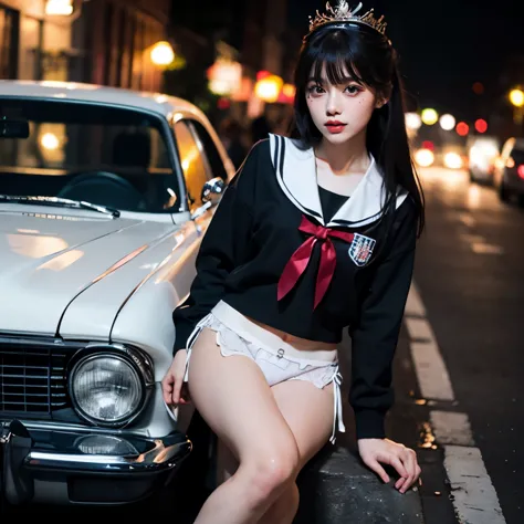 sfw, (closeup from crotch to face) extremelydetailed (schoolgirl lean against the car) spread knees up, perfect face, brilliant(...