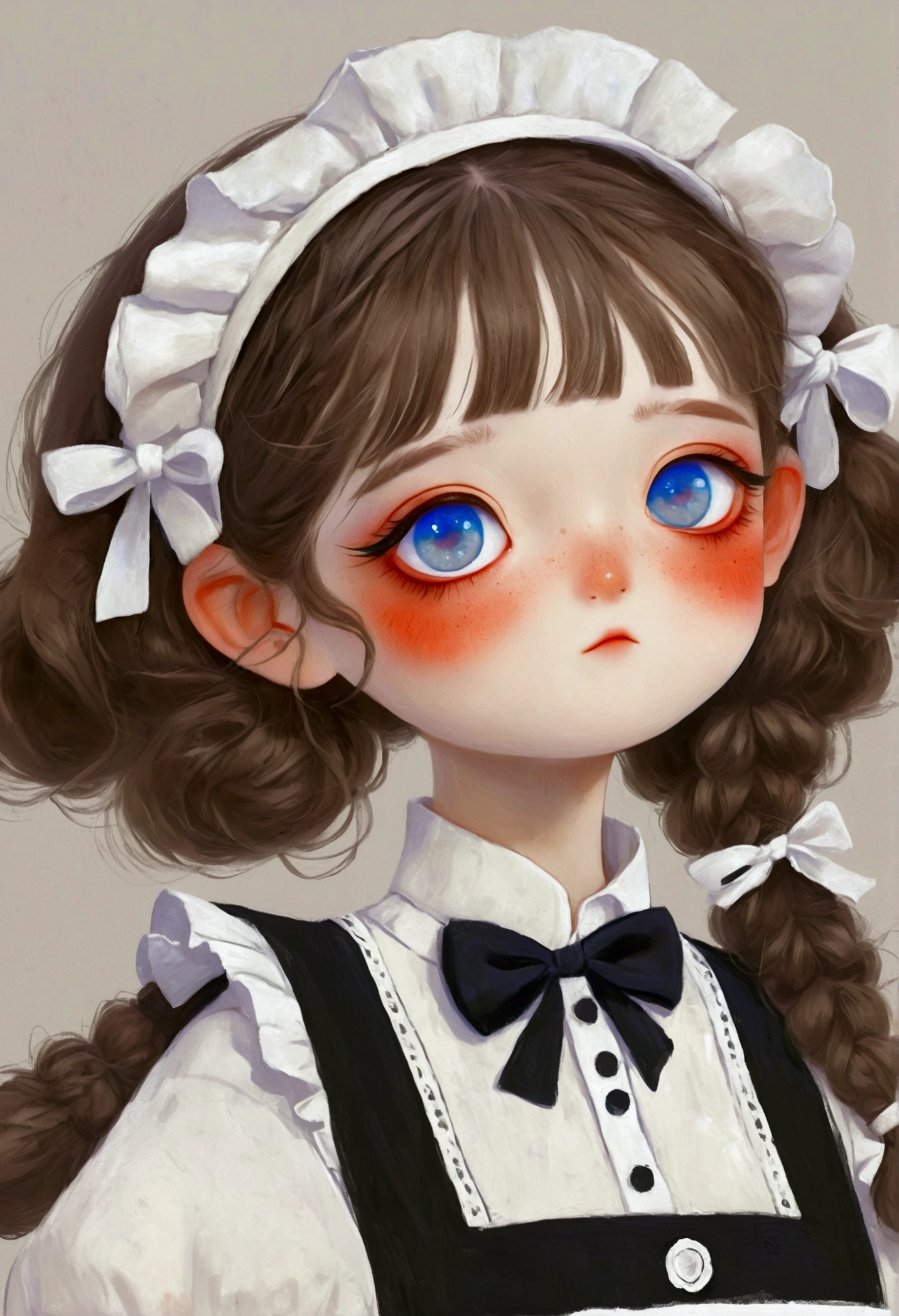 Little girl in black and white maid costume，Big blue eyes。Lovely art style, Lovely and detailed digital art, Cute numbers艺术, Lovely artwork, Kawaii realistic portrait, Change, Cute numbers, Lovely portrait, Kasuga, Lovely characters, Cute, colorful and adorable
