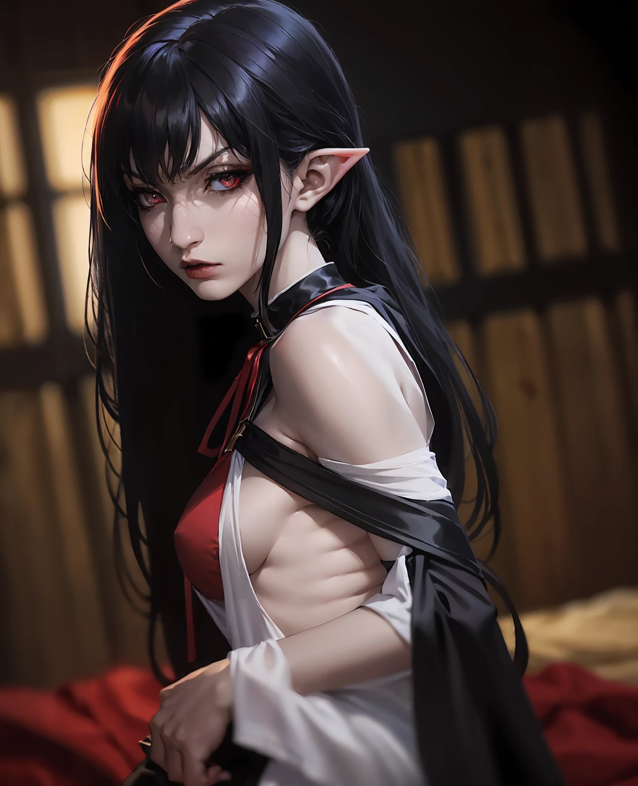 a devilish woman with black hair,pale skin,red eyes,elf-like costume,dark mysterious setting,(best quality,4k,8k,highres,masterpiece:1.2),ultra-detailed,(realistic,photorealistic,photo-realistic:1.37),HDR,UHD,studio lighting,ultra-fine painting,sharp focus,physically-based rendering,extreme detail description,professional,vivid colors,bokeh,dark fantasy,dark gothic,chiaroscuro,dramatic lighting,moody atmosphere