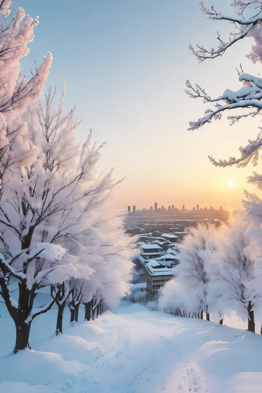 (best quality,4k,8k,highres,masterpiece:1.2),ultra-detailed,(realistic,photorealistic,photo-realistic:1.37),the last sunset before leaving,winter sky at sunset,soft colors,pink orange,blue,mist,rows of trees and buildings,peaceful atmosphere,serene winter landscape,subtle hues,receding sunlight,golden hour,quiet streets,gentle breeze,kiss of warmth,city silhouette,icy branches,elegant architecture,wistful mood,majestic skyline,little snowflakes dancing,final goodbye.