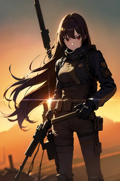 in the spotlight, holding_gun, assault_rifle, very detailed, brown hair, long hair, anime style, whole body, alone, stylish gunf...