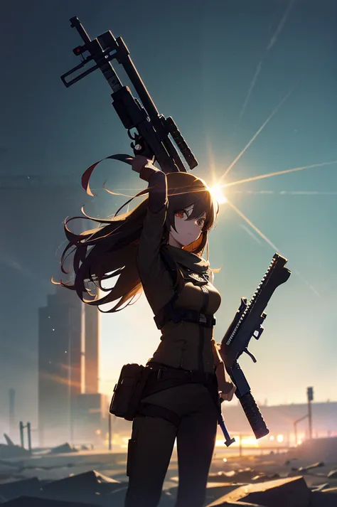 in the spotlight, holding_gun, assault_rifle, very detailed, brown hair, long hair, anime style, whole body, alone, stylish gunf...