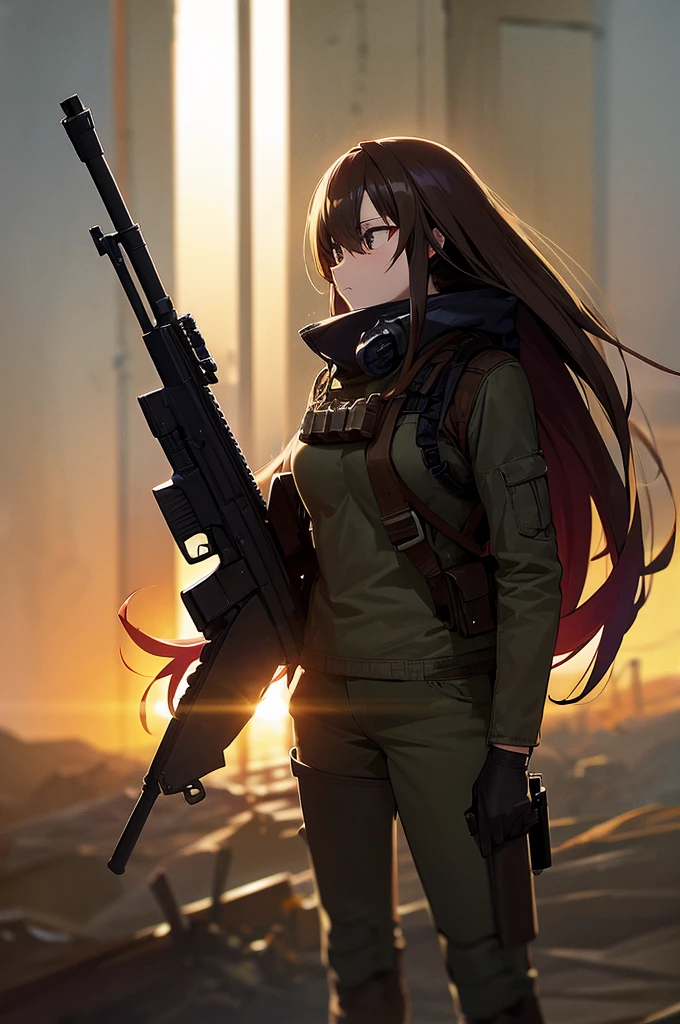 In the spotlight, holding_gun, assault_rifle, Very detailed, Brown Hair, Long Hair, Anime Style, whole body, alone, Stylish Gunfighter Girl, Holding a steampunk long barrel pistol,Standing in the wasteland, 8K high resolution, White Background, The background is a dark and desolate landscape, Horror movie atmosphere. Her figure is very beautiful, Emphasizing the dark and crazy elements. Skillfully expressing the effects of light and shadow, Anime girls with guns and rifles, from Girls&#39; Frontline, mechanized soldier girl, Girls&#39; Frontline style