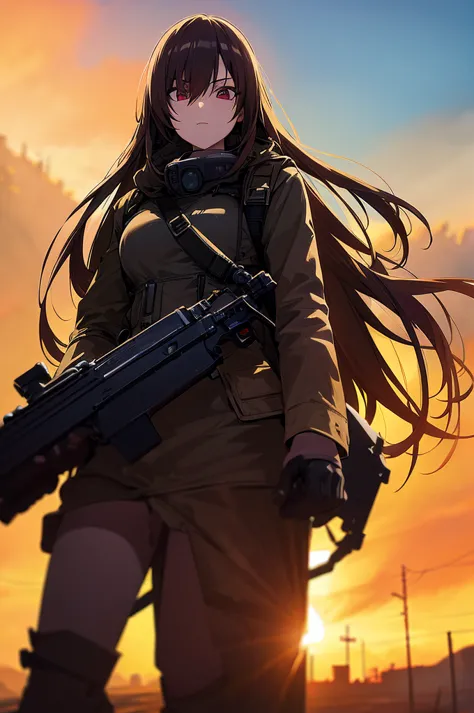 in the spotlight, holding_gun, assault_rifle, very detailed, brown hair, long hair, anime style, whole body, alone, stylish gunf...