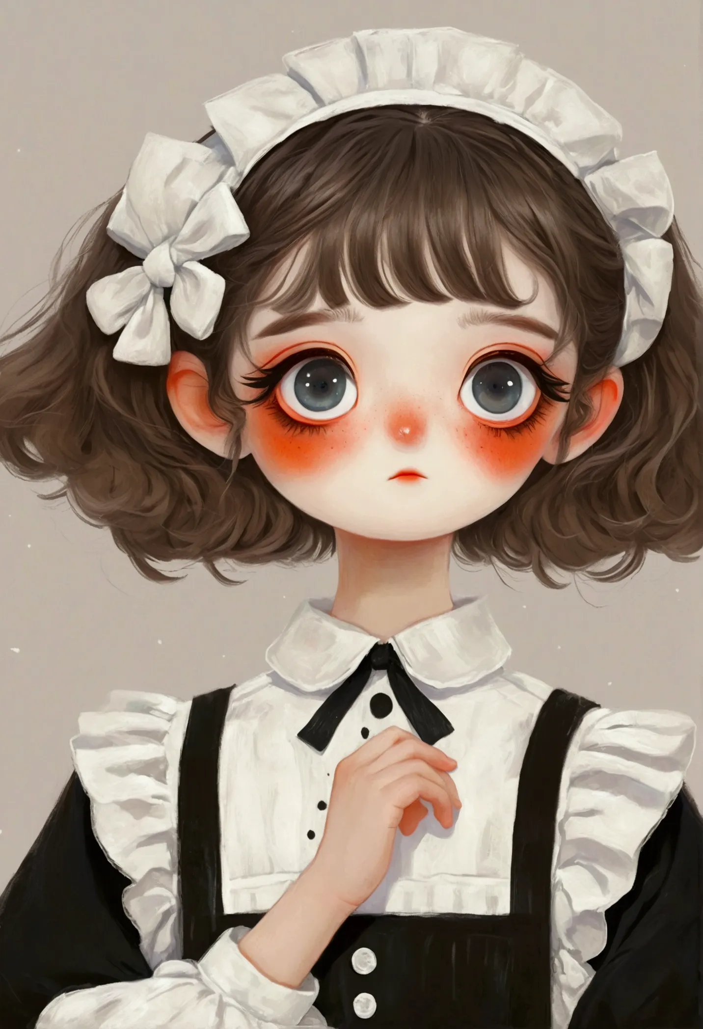 little girl in black and white maid costume。big eyes，short hair，lovely art style, lovely and detailed digital art, cute numbers艺...