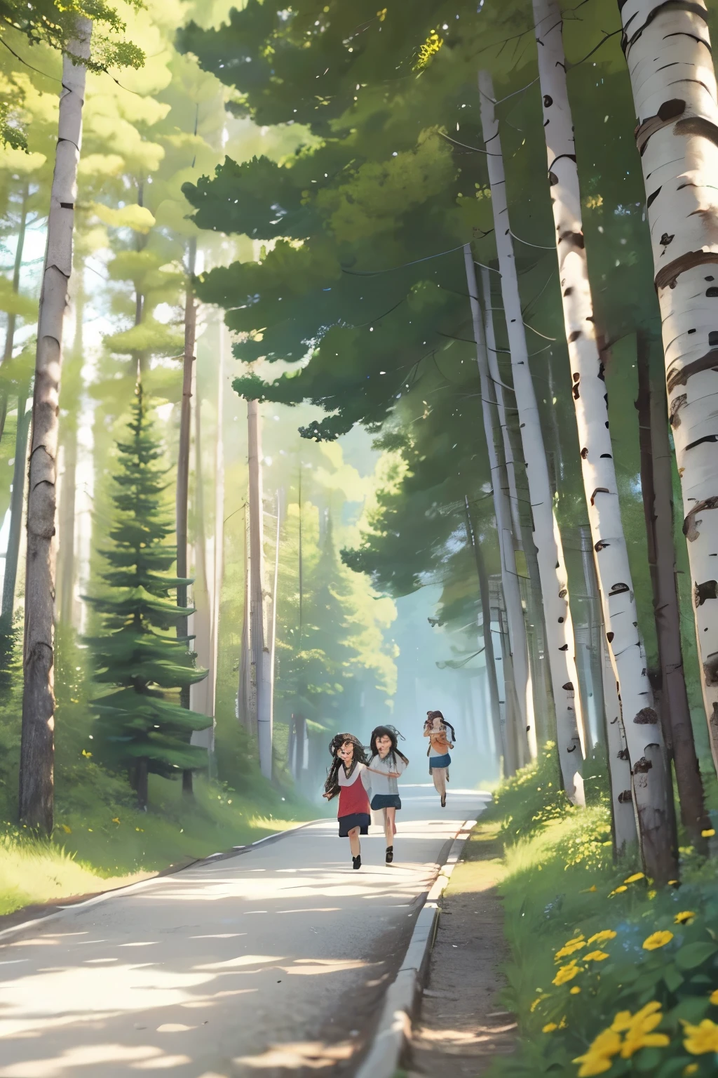 Mountain path, fir trees, birch trees, children playing, flowers, butterflies, flying birds, landscape, birds chirping, sunlight filtering through the trees, soft breeze, lush green foliage, sparkling water reflections, vibrant wildflowers, joyful laughter, carefree children's expressions, dynamic brushstrokes, mountain, harmonious composition.