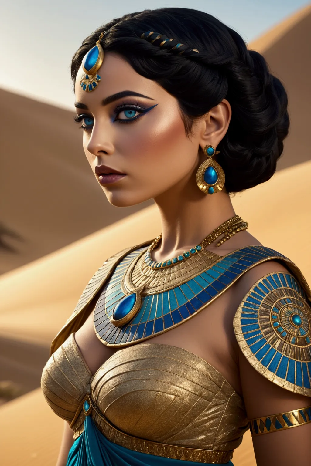 a photo of cleopatra with natural skin., short and voluminous black hair, sharp eyes with blue eye shadow, a thin, upturned nose...