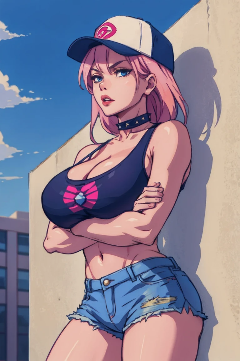 score_9, score_8_up, score_7_up, source_anime BREAK 1girl, solo, cowboy shot, looking at viewer, close-up, facing viewer, 
poisonff, pink hair, blue eyes, spiked hair, peaked cap, choker, collar, tank top, short shorts, denim shorts, torn clothes, androgynous,
huge breasts, bored, lips, puckered lips, annoyed, crossed arms, from below, 
outdoors, street, blue sky, cloud, against wall, leaning back,