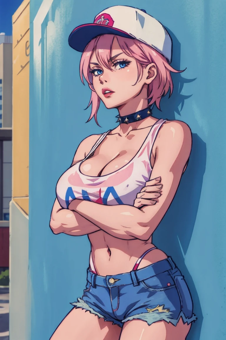 score_9, score_8_up, score_7_up, source_anime BREAK 1girl, solo, cowboy shot, looking at viewer, close-up, facing viewer, 
poisonff, pink hair, blue eyes, spiked hair, peaked cap, choker, collar, tank top, short shorts, denim shorts, torn clothes, androgynous,
huge breasts, bored, lips, puckered lips, annoyed, crossed arms, from below, 
outdoors, street, blue sky, cloud, against wall, leaning back,