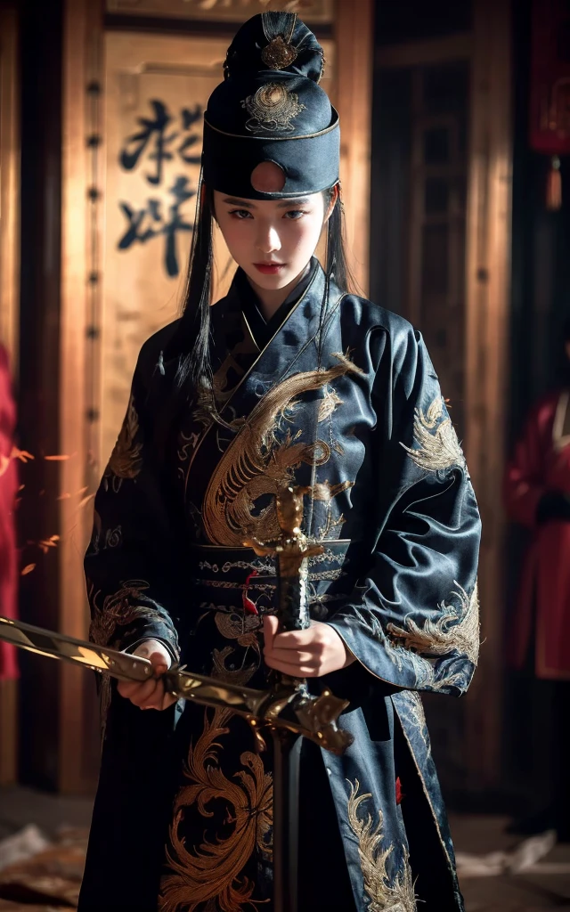 Wearing embroidered Chinese clothing,Dynamic Angle,view,Practical,Luminescence,
Xueer Embroidered Guard Uniform, have, Solitary,  Looking at the audience, Holding a sword, Black Hair, scar, Vague, scar on face, 1 female upper body，Solitary,Beautiful women,
