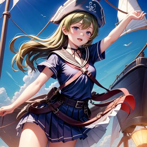 one girl（８age）, pirate, highest quality、cinema lighting、sailor suit、long skirt、 sailboat（galleon）on the mast、white panties,