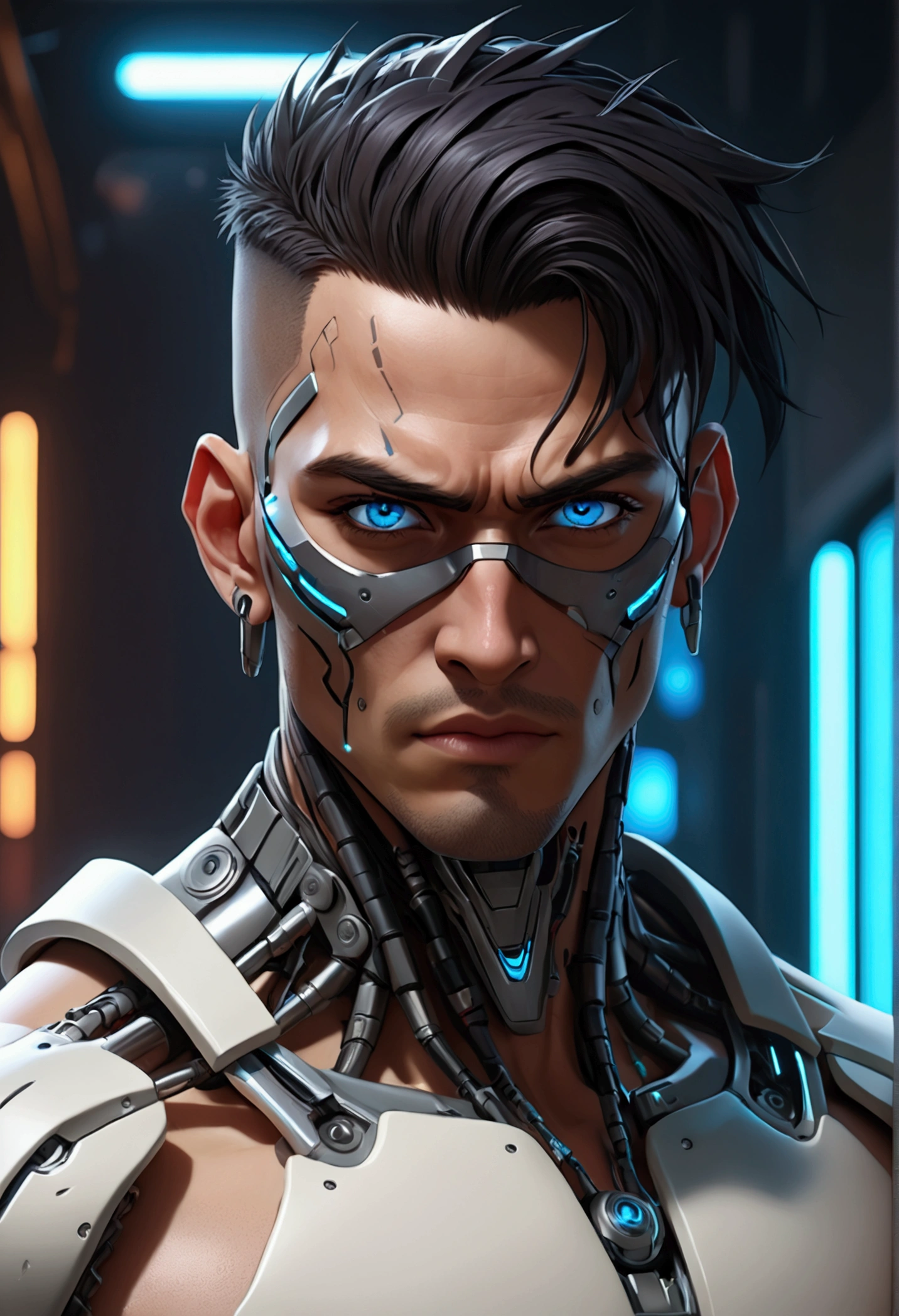 (best quality, Art, animation styling, Full of details), Upper body cut of a man with an Indian warrior feel, A man with a thick facial bone structure, A man with a thick neck and developed trapezius muscles, official anime art illustration, White person with blue eyes, Cartoon of a man wearing a mask on his face, protruding eyes, semi-realistic cyberpunk style, Portrait of a cyberpunk man, cyberpunk art ultrarealistic 8k, cyberpunk style ， hyper realist, cyberpunk character, Trends in ArtStation, Complete movie character, Trends in ArtStation 4k, Cyberpunk Cyborg Upper Body, Realistic upper body like a movie, A perfectly realistic cyberpunk hero., inc썩음ibly detailed, 8k, Ultra HD, Art, best quality, very detailed, convoluted, Expressing the upper body, Show me your waist, Cyborg, a machine-to-human ratio, Chest area full of visible machine parts, Machine parts for abs too, All below the neck is mechanical, Attaching machine parts to the face, Strong light emission on waist belt, A brightly lit city background, dark colored machine, full body pose, whole body