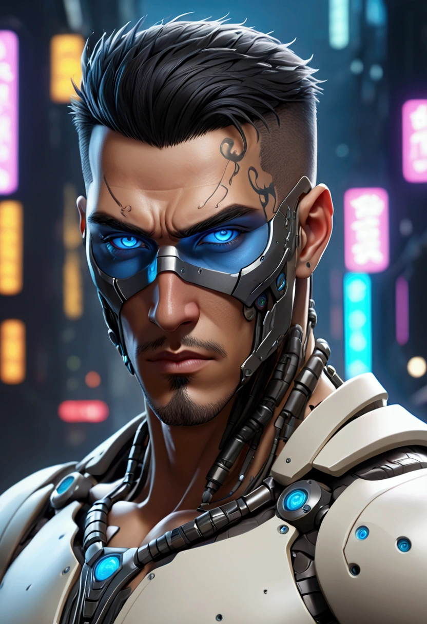 (best quality, Art, animation styling, Full of details), Upper body cut of a man with an Indian warrior feel, A man with a thick facial bone structure, A man with a thick neck and developed trapezius muscles, official anime art illustration, White person with blue eyes, Cartoon of a man wearing a mask on his face, protruding eyes, semi-realistic cyberpunk style, Portrait of a cyberpunk man, cyberpunk art ultrarealistic 8k, cyberpunk style ， hyper realist, cyberpunk character, Trends in ArtStation, Complete movie character, Trends in ArtStation 4k, Cyberpunk Cyborg Upper Body, Realistic upper body like a movie, A perfectly realistic cyberpunk hero., inc썩음ibly detailed, 8k, Ultra HD, Art, best quality, very detailed, convoluted, Expressing the upper body, Show me your waist, Cyborg, a machine-to-human ratio, Chest area full of visible machine parts, Machine parts for abs too, All below the neck is mechanical, Attaching machine parts to the face, Strong light emission on waist belt, A brightly lit city background, dark colored machine, full body pose, whole body