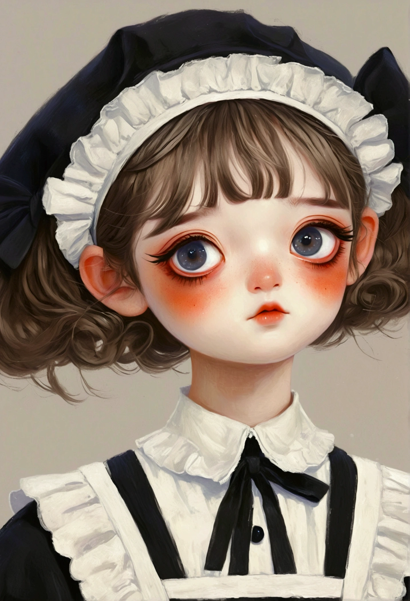 A painting，Pastel Art：Little girl in black and white maid costume。big eyes，short hair，Lovely art style, Lovely and detailed digital art, Cute numbers艺术, Lovely artwork, Kawaii realistic portrait, Change, Cute numbers, Lovely portrait, Kasuga, Lovely characters, Cute, colorful and adorable
