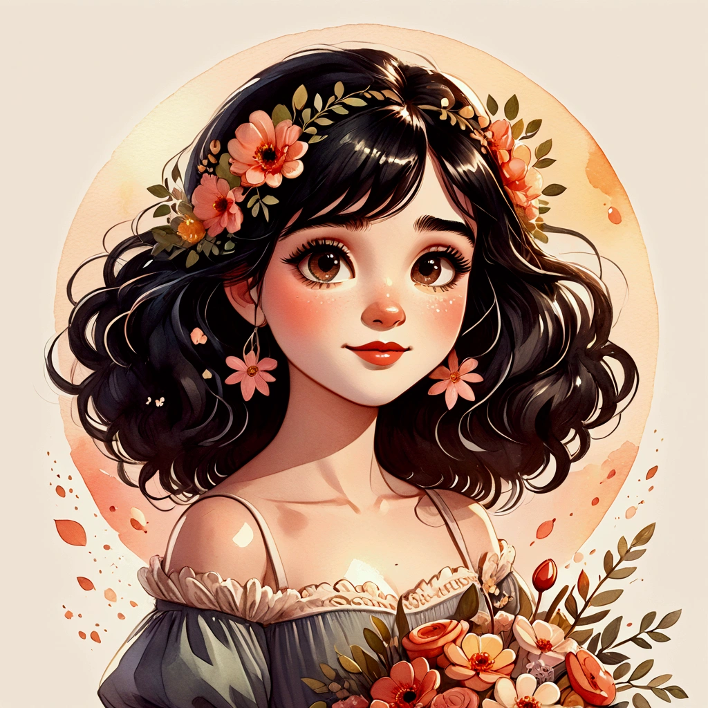 A watercolor illustration of a cartoon black-haired girl with a bouquet of flowers in her hand, Detailed and cute digital art, cartoon style illustration, beautiful retro art, Cartoon art style, beautiful digital illustration, in digital illustration style, cute art style, Disney art style, cute digital art, Cartoon art style, cute and detailed art, digital cartoon painting art, stunning art style, Disney art style, cute cartoon style