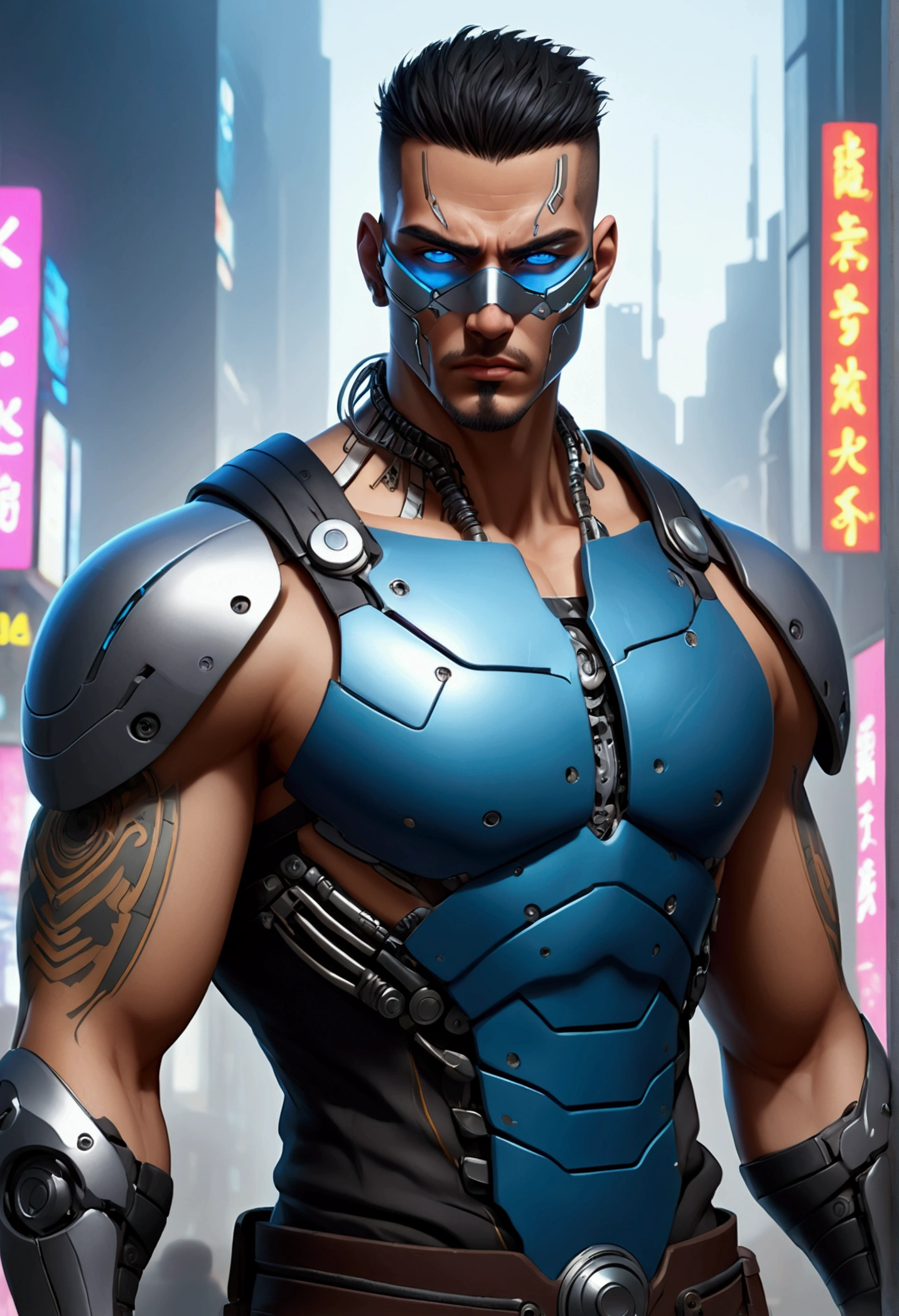 (best quality, Art, animation styling, Full of details), Upper body cut of a man with an Indian warrior feel, A man with a thick facial bone structure, A man with a thick neck and developed trapezius muscles, official anime art illustration, White person with blue eyes, Cartoon of a man wearing a mask on his face, protruding eyes, semi-realistic cyberpunk style, Portrait of a cyberpunk man, cyberpunk art ultrarealistic 8k, cyberpunk style ， hyper realist, cyberpunk character, Trends in ArtStation, Complete movie character, Trends in ArtStation 4k, Cyberpunk Cyborg Upper Body, Realistic upper body like a movie, A perfectly realistic cyberpunk hero., inc썩음ibly detailed, 8k, Ultra HD, Art, best quality, very detailed, convoluted, Expressing the upper body, Show me your waist, Cyborg, a machine-to-human ratio, Chest area full of visible machine parts, Machine parts for abs too, All below the neck is mechanical, Attaching machine parts to the face, Strong light emission on waist belt, A brightly lit city background, dark colored machine, full body pose, whole body, Most of the body, except the face, is made of machines.