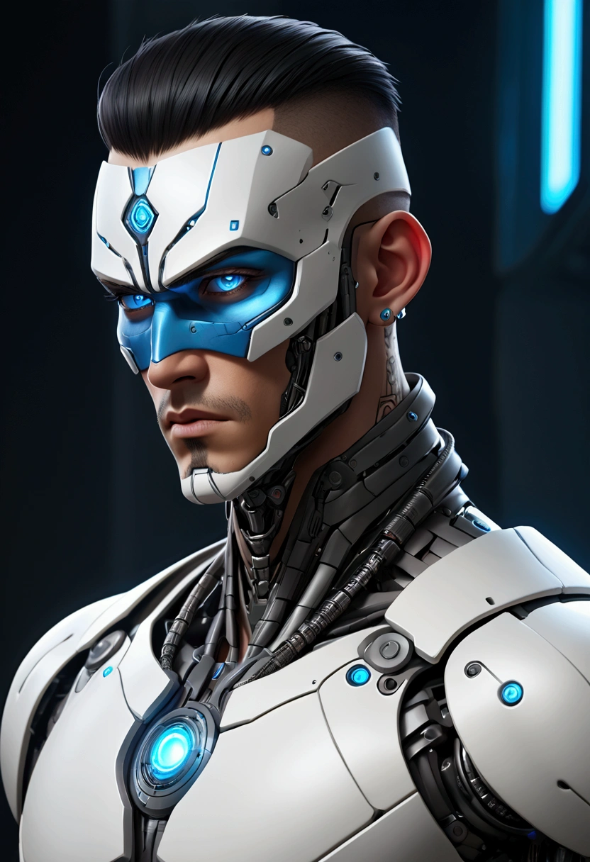 (best quality, Art, animation styling, Full of details), Upper body cut of a man with an Indian warrior feel, A man with a thick facial bone structure, A man with a thick neck and developed trapezius muscles, official anime art illustration, White person with blue eyes, Cartoon of a man wearing a mask on his face, protruding eyes, semi-realistic cyberpunk style, Portrait of a cyberpunk man, cyberpunk art ultrarealistic 8k, cyberpunk style ， hyper realist, cyberpunk character, Trends in ArtStation, Complete movie character, Trends in ArtStation 4k, Cyberpunk Cyborg Upper Body, Realistic upper body like a movie, A perfectly realistic cyberpunk hero., inc썩음ibly detailed, 8k, Ultra HD, Art, best quality, very detailed, convoluted, Expressing the upper body, Show me your waist, Cyborg, a machine-to-human ratio, Chest area full of visible machine parts, Machine parts for abs too, All below the neck is mechanical, Attaching machine parts to the face, Strong light emission on waist belt, A brightly lit city background, dark colored machine, full body pose, whole body, Most of the body, except the face, is made of machines.