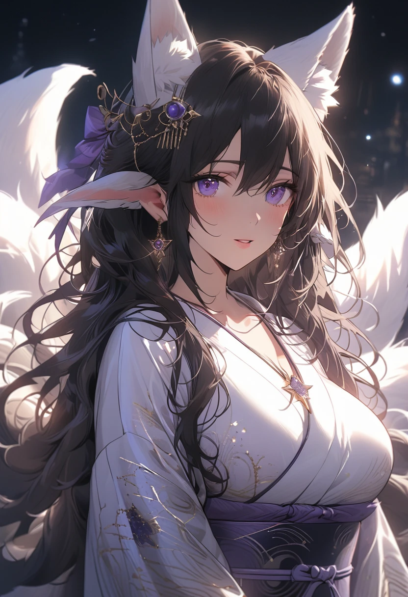 AissistXLv2, best quality, masterpiece, ultra-detailed, delicate features, beautiful lighting, upper body, upper body only, focus on upper torso, solo, 1 girl, delicate skin, ethereal beauty, violet eyes, deep color eyes, silver-white hair, long hair, soft hair, beautiful hair, kitsune, nine tails, celestial being, massive breasts, huge breasts, large breasts, lithe and curvaceous figure, flowing kimono, fine silk kimono, midnight blue and silver kimono, stars moons foxes patterns kimono, gold and silver embroidery, moon-shaped pendant, silver fox-shaped hairpin, sash with enchanted charms, enchanted choker, shimmering glow, deep luminous violet eyes, otherworldly glow, smooth flawless skin, porcelain-like quality, fox-like ears, nine bushy tails, expressive, regal, serene expression, calm and composed, divine authority, mystical glow, subtle enchanting light, otherworldly grace, graceful and poised, reflective and introspective, dignified, commanding presence, fantasy background, (gleaming skin:1.4), more_details:1.5, bright colors, beautiful background illustration, beautiful