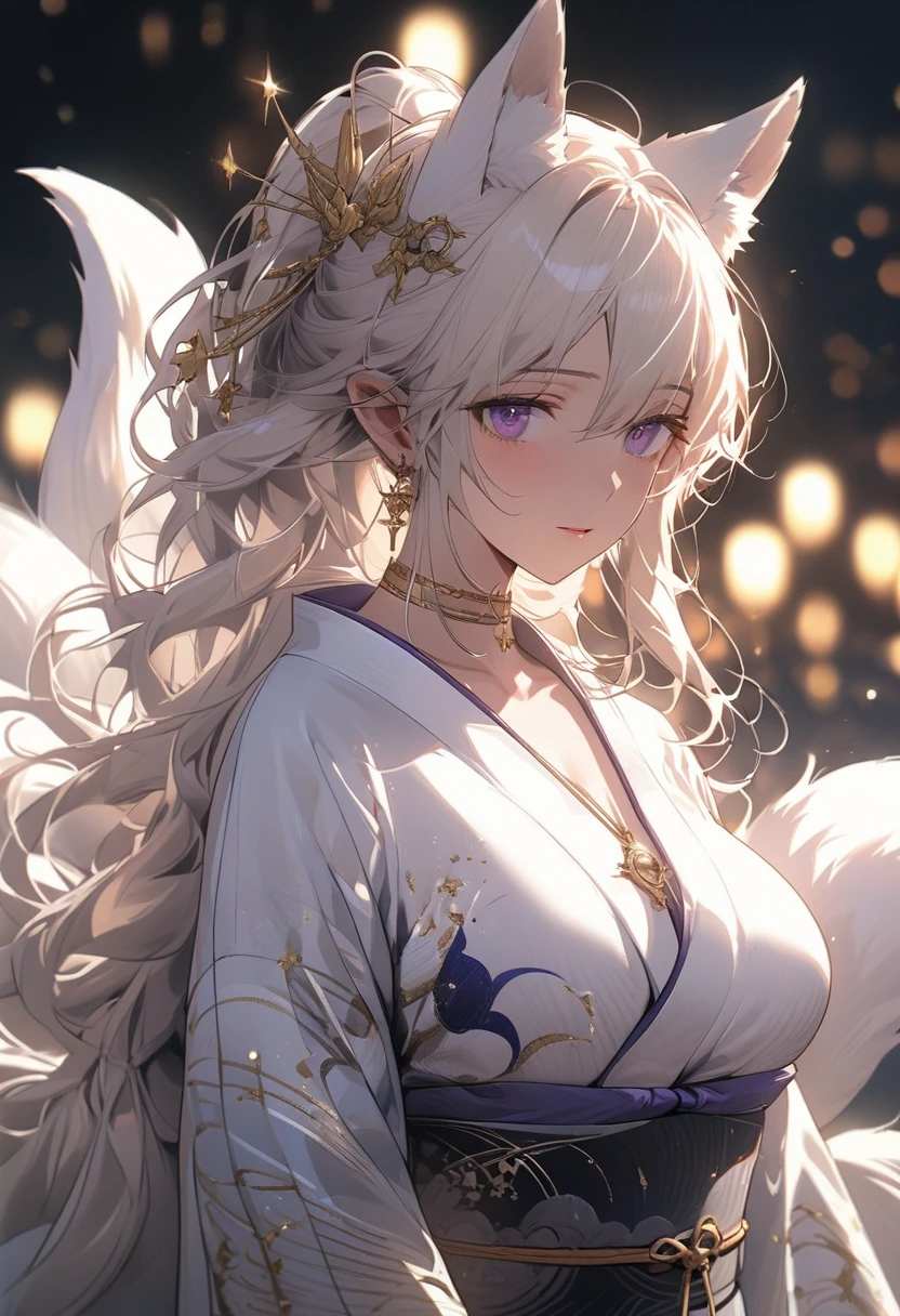 AissistXLv2, best quality, masterpiece, ultra-detailed, delicate features, beautiful lighting, upper body, upper body only, focus on upper torso, solo, 1 girl, delicate skin, ethereal beauty, violet eyes, deep color eyes, silver-white hair, long hair, soft hair, beautiful hair, kitsune, nine tails, celestial being, massive breasts, huge breasts, large breasts, lithe and curvaceous figure, flowing kimono, fine silk kimono, midnight blue and silver kimono, stars moons foxes patterns kimono, gold and silver embroidery, moon-shaped pendant, silver fox-shaped hairpin, sash with enchanted charms, enchanted choker, shimmering glow, deep luminous violet eyes, otherworldly glow, smooth flawless skin, porcelain-like quality, fox-like ears, nine bushy tails, expressive, regal, serene expression, calm and composed, divine authority, mystical glow, subtle enchanting light, otherworldly grace, graceful and poised, reflective and introspective, dignified, commanding presence, fantasy background, (gleaming skin:1.4), more_details:1.5, bright colors, beautiful background illustration, beautiful