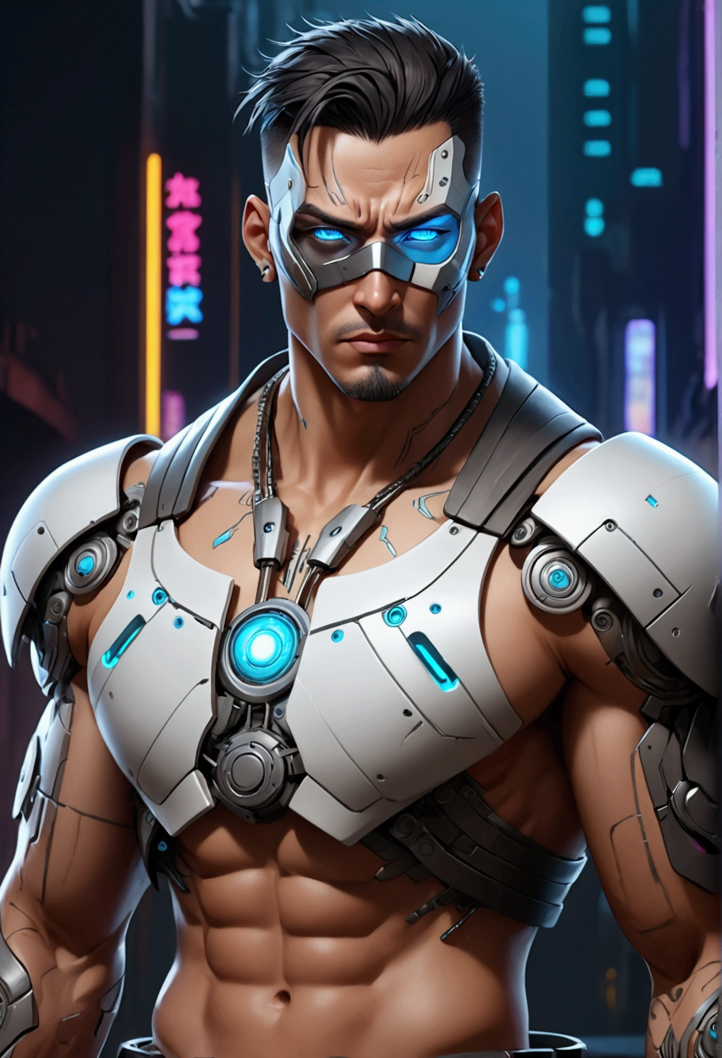 (best quality, Art, animation styling, Full of details), Upper body cut of a man with an Indian warrior feel, A man with a thick facial bone structure, A man with a thick neck and developed trapezius muscles, official anime art illustration, White person with blue eyes, Cartoon of a man wearing a mask on his face, protruding eyes, semi-realistic cyberpunk style, Portrait of a cyberpunk man, cyberpunk art ultrarealistic 8k, cyberpunk style ， hyper realist, cyberpunk character, Trends in ArtStation, Complete movie character, Trends in ArtStation 4k, Cyberpunk Cyborg Upper Body, Realistic upper body like a movie, A perfectly realistic cyberpunk hero., inc썩음ibly detailed, 8k, Ultra HD, Art, best quality, very detailed, convoluted, Expressing the upper body, Show me your waist, Cyborg, a machine-to-human ratio, Chest area full of visible machine parts, Machine parts for abs too, All below the neck is mechanical, Attaching machine parts to the face, Strong light emission on waist belt, A brightly lit city background, dark colored machine, full body pose, whole body