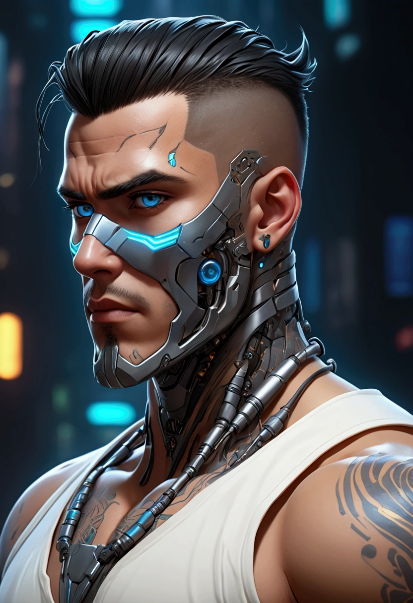 (best quality, Art, animation styling, Full of details), Upper body cut of a man with an Indian warrior feel, A man with a thick facial bone structure, A man with a thick neck and developed trapezius muscles, official anime art illustration, White person with blue eyes, Cartoon of a man wearing a mask on his face, protruding eyes, semi-realistic cyberpunk style, Portrait of a cyberpunk man, cyberpunk art ultrarealistic 8k, cyberpunk style ， hyper realist, cyberpunk character, Trends in ArtStation, Complete movie character, Trends in ArtStation 4k, Cyberpunk Cyborg Upper Body, Realistic upper body like a movie, A perfectly realistic cyberpunk hero., inc썩음ibly detailed, 8k, Ultra HD, Art, best quality, very detailed, convoluted, Expressing the upper body, Show me your waist, Cyborg, a machine-to-human ratio, Chest area full of visible machine parts, Machine parts for abs too, All below the neck is mechanical, Attaching machine parts to the face, Strong light emission on waist belt, A brightly lit city background, dark colored machine, full body pose, whole body