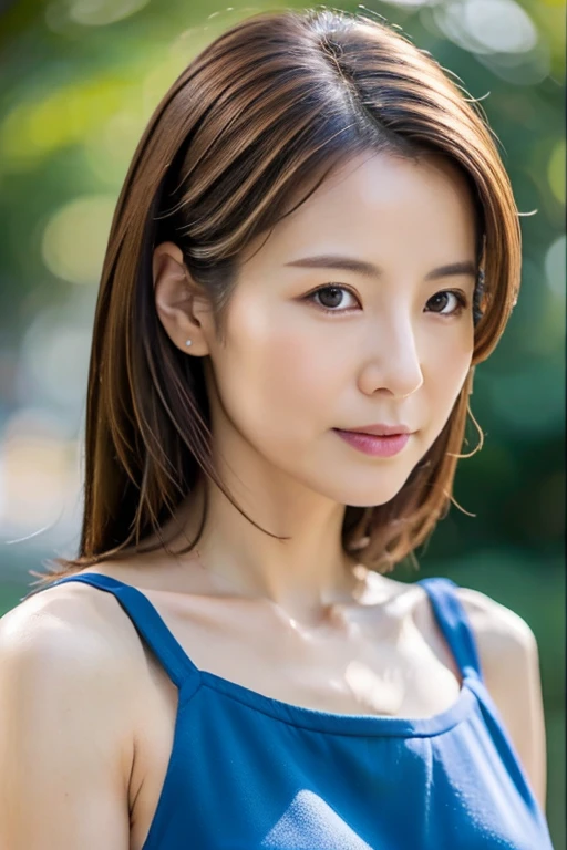 Highest quality, Realistic, Perfect Human Anatomy, Very detailed, Very delicate and beautiful, RAW Photos, Professional Lighting, illumination, Written boundary depth, Single Focus, whole body, Skinny Japanese woman, 45-year-old woman, Brown Hair, Small Head, Beautiful Eyes, True Face, Realistic skin, fine grain, (Fashionable hairstyles: 1.3),Bust Emphasis、Sexy blue dress、(Outdoor:1.5）,
