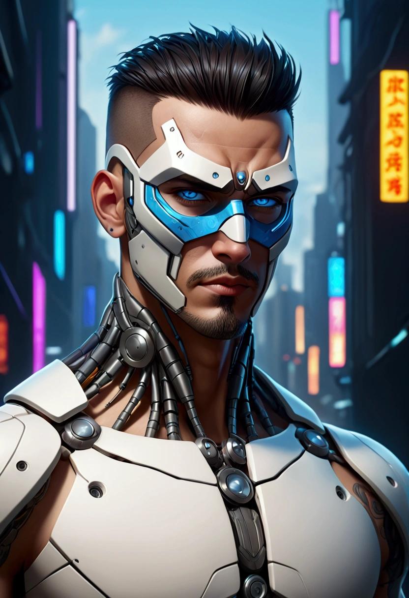 (best quality, Art, animation styling, Full of details), Upper body cut of a man with an Indian warrior feel, A man with a thick facial bone structure, A man with a thick neck and developed trapezius muscles, official anime art illustration, White person with blue eyes, Cartoon of a man wearing a mask on his face, protruding eyes, semi-realistic cyberpunk style, Portrait of a cyberpunk man, cyberpunk art ultrarealistic 8k, cyberpunk style ， hyper realist, cyberpunk character, Trends in ArtStation, Complete movie character, Trends in ArtStation 4k, Cyberpunk Cyborg Upper Body, Realistic upper body like a movie, A perfectly realistic cyberpunk hero., inc썩음ibly detailed, 8k, Ultra HD, Art, best quality, very detailed, convoluted, Expressing the upper body, Show me your waist, Cyborg, a machine-to-human ratio, Chest area full of visible machine parts, Machine parts for abs too, All below the neck is mechanical, Attaching machine parts to the face, Strong light emission on waist belt, A brightly lit city background, dark colored machine, full body pose, whole body