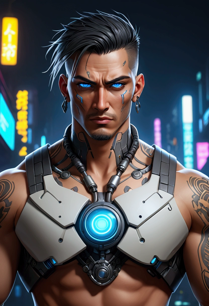 (best quality, Art, animation styling, Full of details), Upper body cut of a man with an Indian warrior feel, A man with a thick facial bone structure, A man with a thick neck and developed trapezius muscles, official anime art illustration, White person with blue eyes, Cartoon of a man wearing a mask on his face, protruding eyes, semi-realistic cyberpunk style, Portrait of a cyberpunk man, cyberpunk art ultrarealistic 8k, cyberpunk style ， hyper realist, cyberpunk character, Trends in ArtStation, Complete movie character, Trends in ArtStation 4k, Cyberpunk Cyborg Upper Body, Realistic upper body like a movie, A perfectly realistic cyberpunk hero., inc썩음ibly detailed, 8k, Ultra HD, Art, best quality, very detailed, convoluted, Expressing the upper body, Show me your waist, Cyborg, a machine-to-human ratio, Chest area full of visible machine parts, Machine parts for abs too, All below the neck is mechanical, Attaching machine parts to the face, Strong light emission on waist belt, A brightly lit city background, dark colored machine, full body pose, whole body