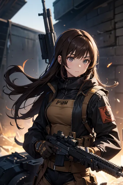 in the spotlight, holding_gun, assault_rifle, very detailed, brown hair, long hair, anime style, whole body, alone, stylish gunf...