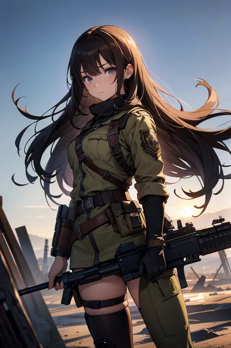 in the spotlight, holding_gun, assault_rifle, very detailed, brown hair, long hair, anime style, whole body, alone, stylish gunf...