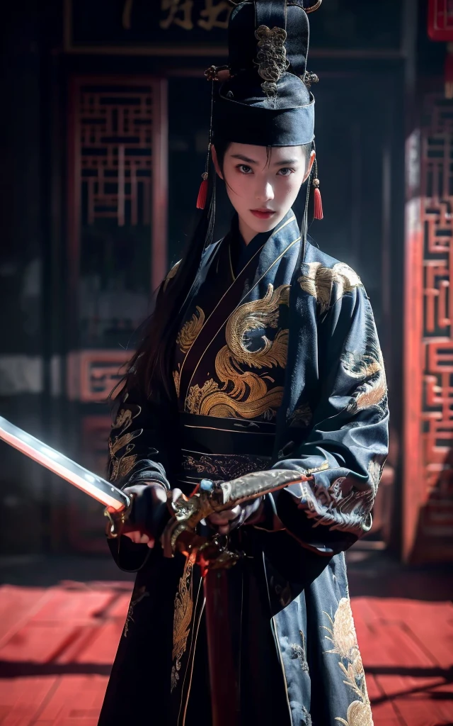 Ultra-high resolution，High-resolution details，reality，，Wearing embroidered Chinese clothing,Dynamic Angle,view,Practical,Luminescence,
Xueer Embroidered Guard Uniform,Royal Guards， have, Solitary,  Looking at the audience, Holding a sword, Black Hair, scar, Vague, scar on face, 1 female upper body，Solitary,Beautiful women,
