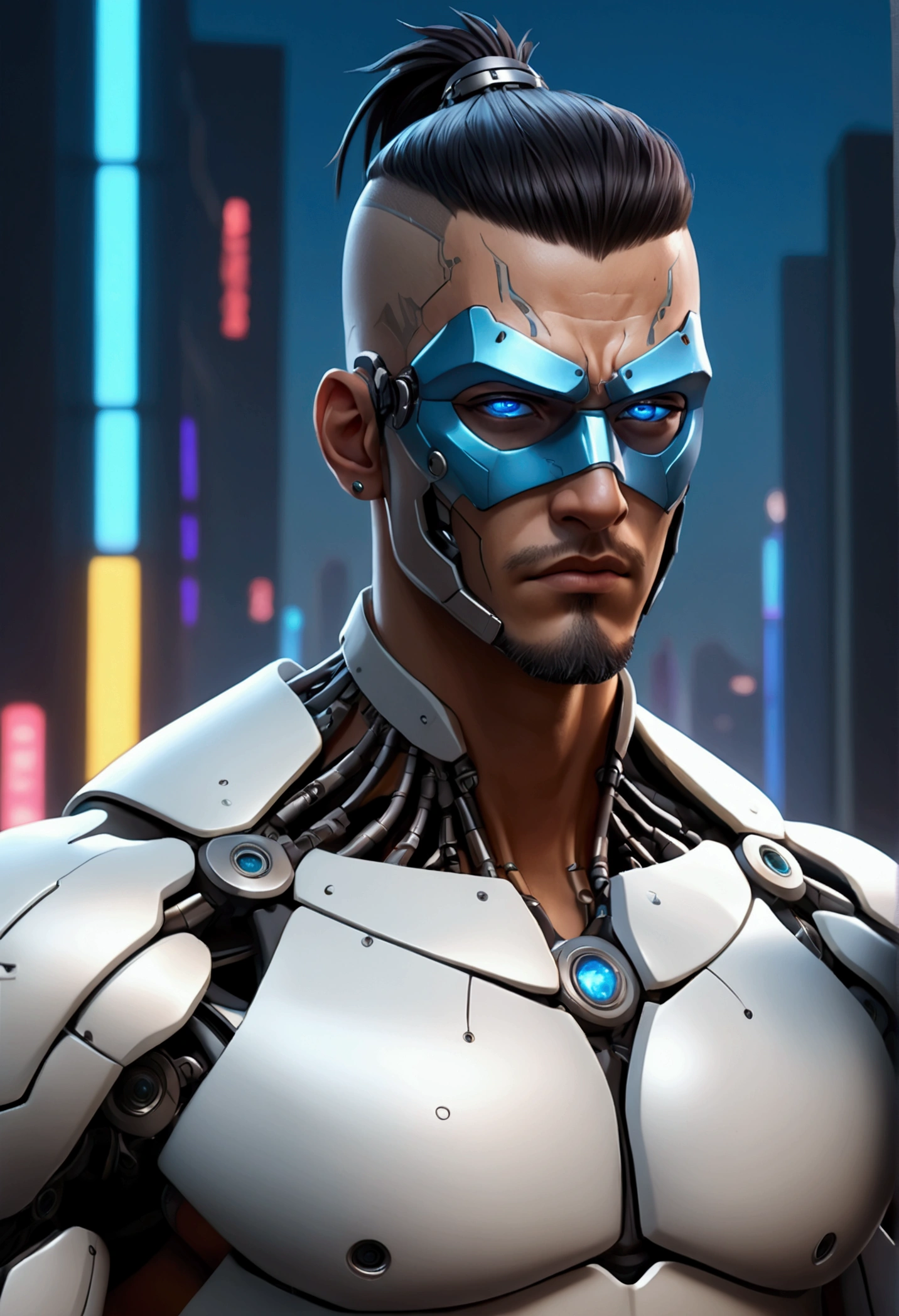 (best quality, Art, animation styling, Full of details), Upper body cut of a man with an Indian warrior feel, A man with a thick facial bone structure, A man with a thick neck and developed trapezius muscles, official anime art illustration, White person with blue eyes, Cartoon of a man wearing a mask on his face, protruding eyes, semi-realistic cyberpunk style, Portrait of a cyberpunk man, cyberpunk art ultrarealistic 8k, cyberpunk style ， hyper realist, cyberpunk character, Trends in ArtStation, Complete movie character, Trends in ArtStation 4k, Cyberpunk Cyborg Upper Body, Realistic upper body like a movie, A perfectly realistic cyberpunk hero., inc썩음ibly detailed, 8k, Ultra HD, Art, best quality, very detailed, convoluted, Expressing the upper body, Show me your waist, Cyborg, a machine-to-human ratio, Chest area full of visible machine parts, Machine parts for abs too, All below the neck is mechanical, Attaching machine parts to the face, Strong light emission on waist belt, A brightly lit city background, dark colored machine, full body pose, whole body